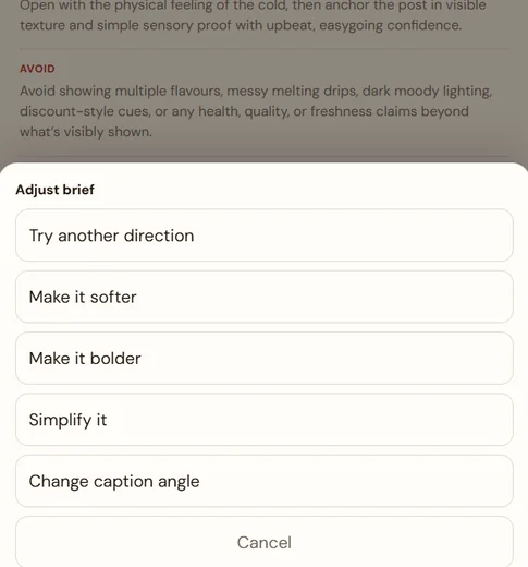 Ice creamery brief adjustment screen with direction options