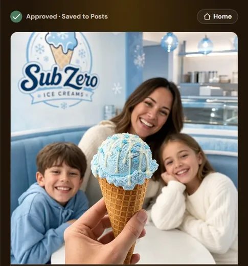 Ice creamery approved post screen with generated image and caption