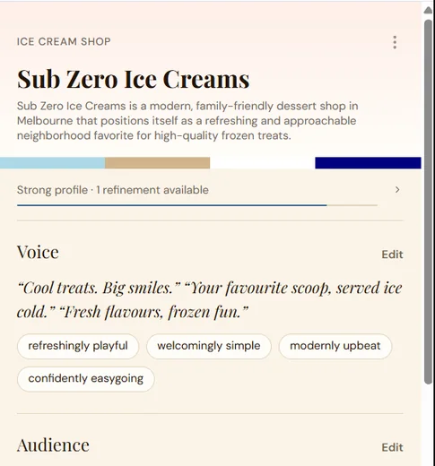 Ice creamery brand profile screen with voice and audience details
