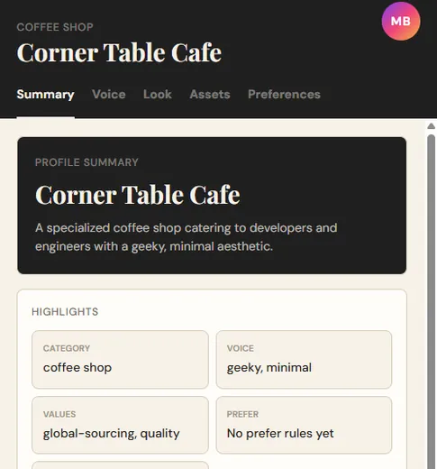 Brand profile screen with voice, values and colour palette