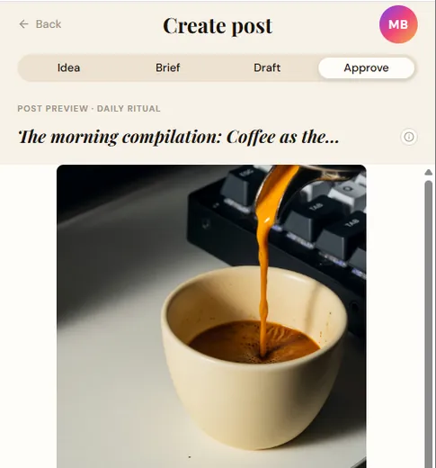 Draft screen with generated image and caption ready to approve