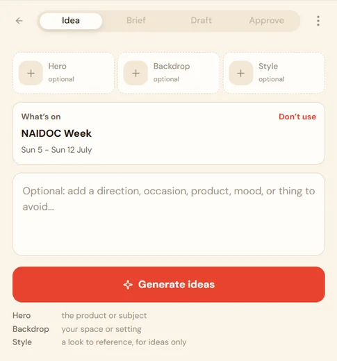 Ice creamery idea generation screen with a generate ideas button