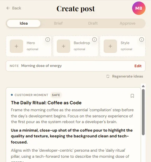 Idea screen with suggested post concepts