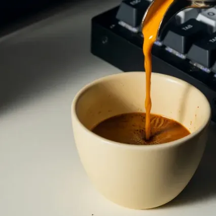 Espresso pouring into a cream ceramic cup